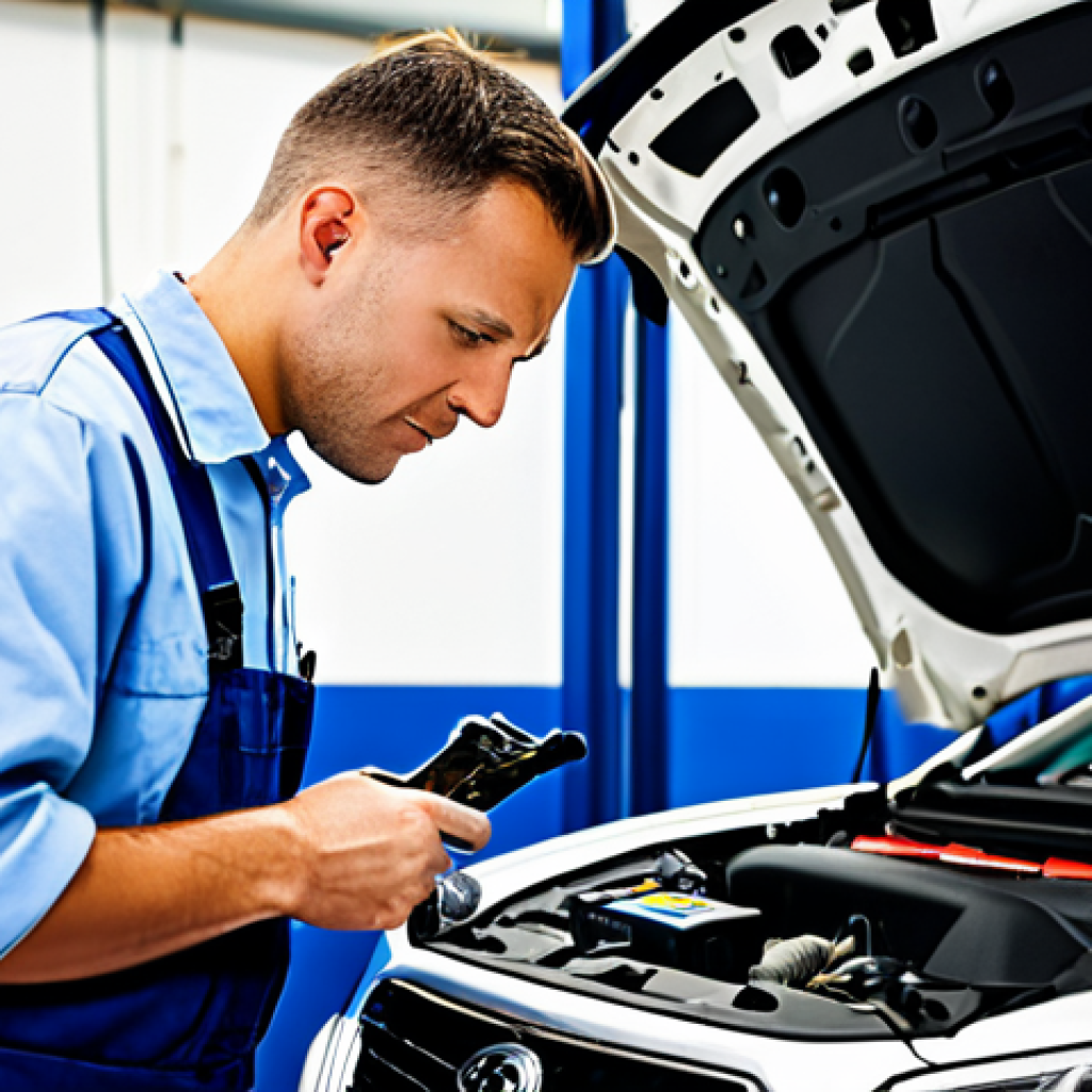 자동차정비기사의 하루 일과 - Diagnostic Dilemma**
"A professional auto mechanic in a clean garage, carefully examining an engine...