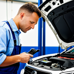 자동차정비기사의 하루 일과 - Diagnostic Dilemma**
"A professional auto mechanic in a clean garage, carefully examining an engine...