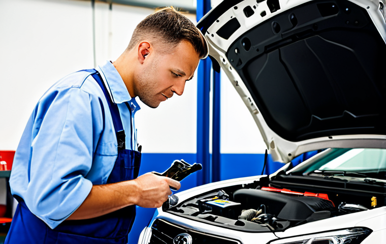 자동차정비기사의 하루 일과 - Diagnostic Dilemma**
"A professional auto mechanic in a clean garage, carefully examining an engine...