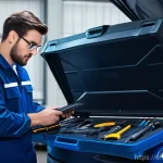 자동차정비 실기시험 예상 문제와 풀이 - **Prompt:** A focused and competent automotive technician, wearing a clean, dark blue mechanic's uni...