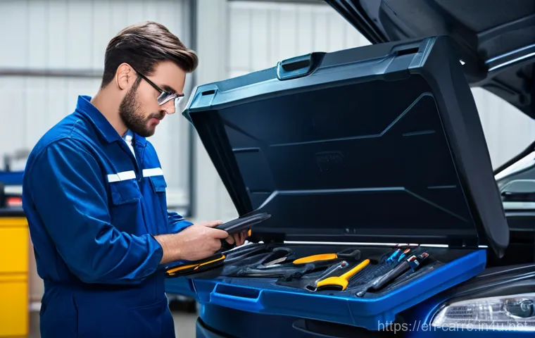 자동차정비 실기시험 예상 문제와 풀이 - **Prompt:** A focused and competent automotive technician, wearing a clean, dark blue mechanic's uni...