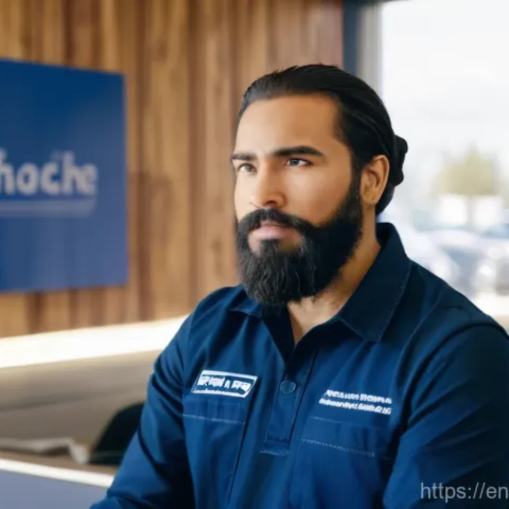 자동차정비 실무에서의 고객 상담 요령 - **Prompt:** A compassionate male auto mechanic, in his late 30s with a neat beard, wearing a clean, ...