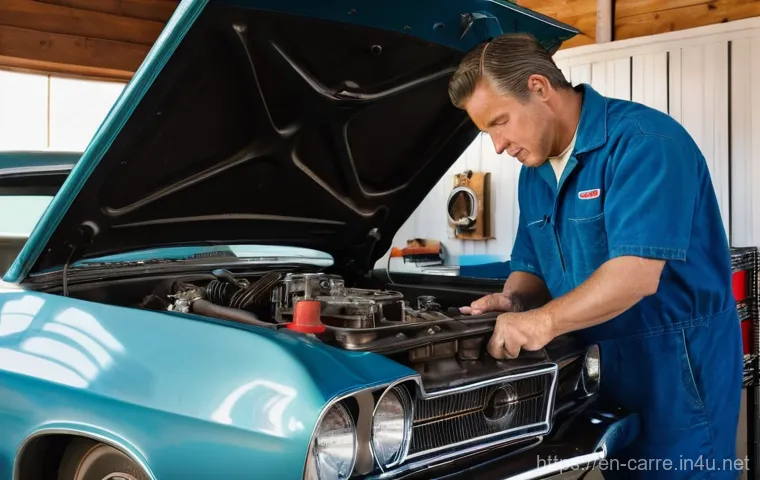 자동차정비기사와 자동차기능사 차이점 - **A traditional mechanic in action, deeply focused on a classic car's engine.**
An experienced m...