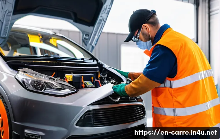 자동차정비 실무에서 전기차 수리 기술 - **Prompt:** A highly skilled automotive technician, wearing full arc-flash rated Personal Protective...