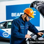 자동차정비기사 연봉 협상 팁 - A professional automotive technician in a modern, well-lit workshop, wearing a clean, branded mechan...