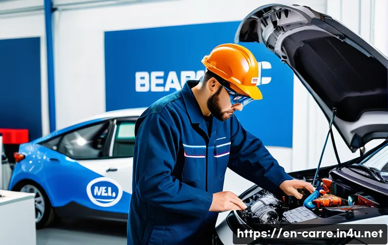 자동차정비기사 연봉 협상 팁 - A professional automotive technician in a modern, well-lit workshop, wearing a clean, branded mechan...