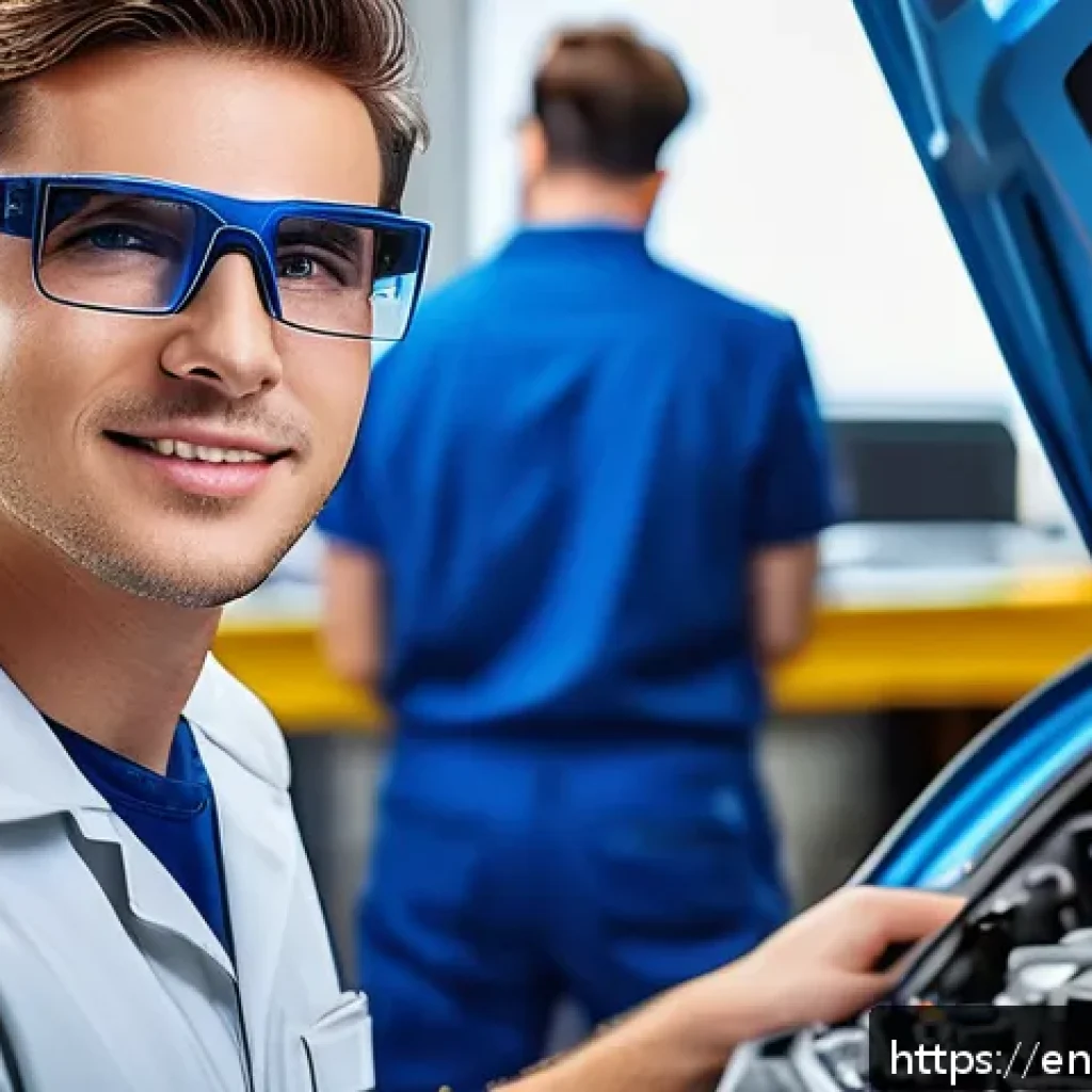 자동차정비 기술 향상을 위한 자격증 추천 - A modern automotive technician workshop scene showing a confident male mechanic wearing a branded un...