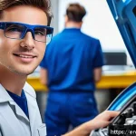 Home 18 자동차정비 기술 향상을 위한 자격증 추천 - A modern automotive technician workshop scene showing a confident male mechanic wearing a branded un...