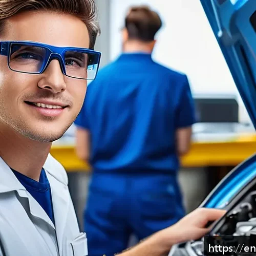 Home 13 자동차정비 기술 향상을 위한 자격증 추천 - A modern automotive technician workshop scene showing a confident male mechanic wearing a branded un...