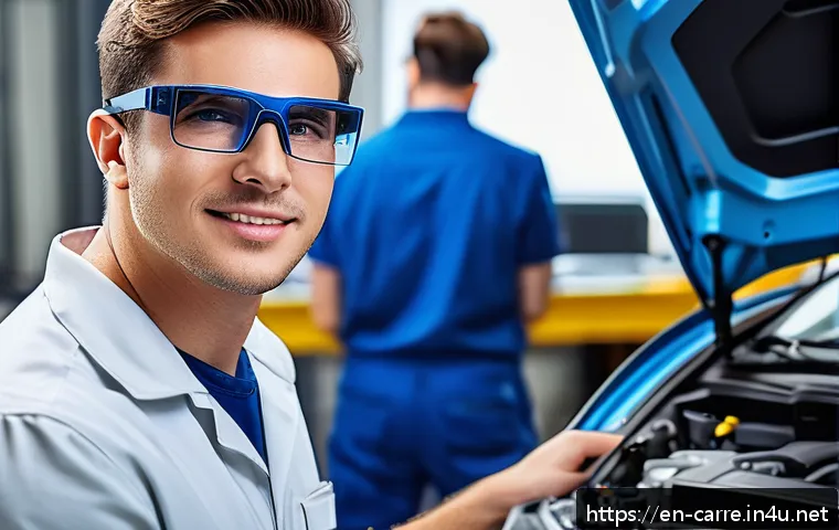 자동차정비 기술 향상을 위한 자격증 추천 - A modern automotive technician workshop scene showing a confident male mechanic wearing a branded un...