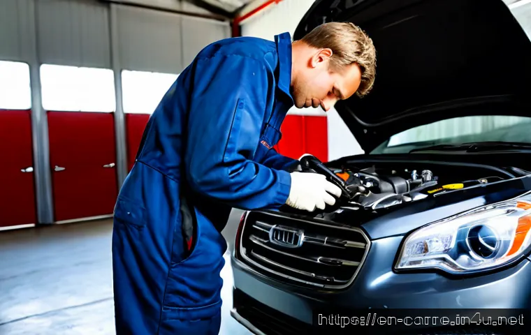 자동차정비 실무 사례  엔진 문제 해결 - Photorealistic automotive repair workshop, experienced mechanic in clean dark coveralls diagnosing a...